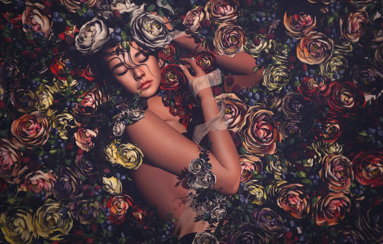 Photo wallpaper girl, flowers, berries
