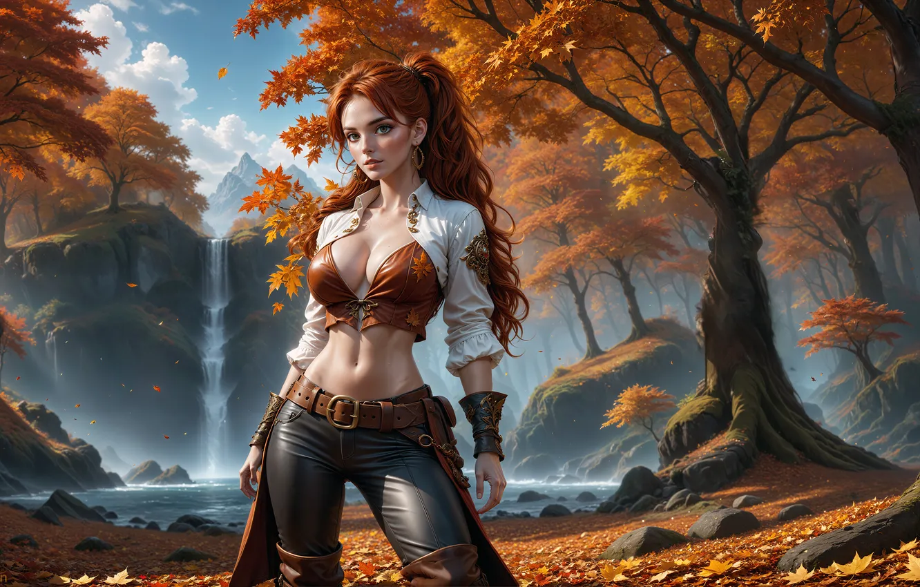 Photo wallpaper girl, forest, redhead, AI Art