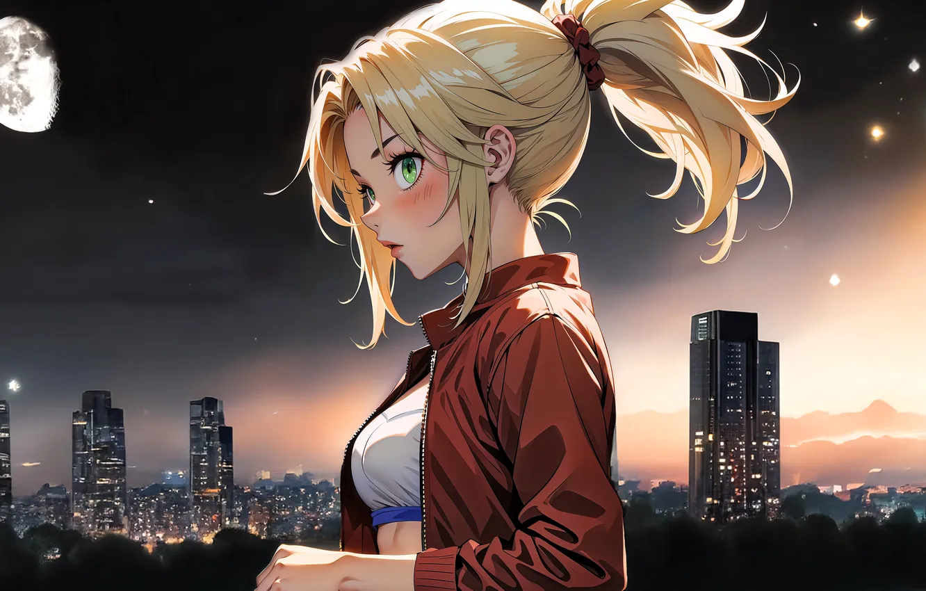 Photo wallpaper girl, sunset, the city, lights, jacket, blonde, panorama, ponytail