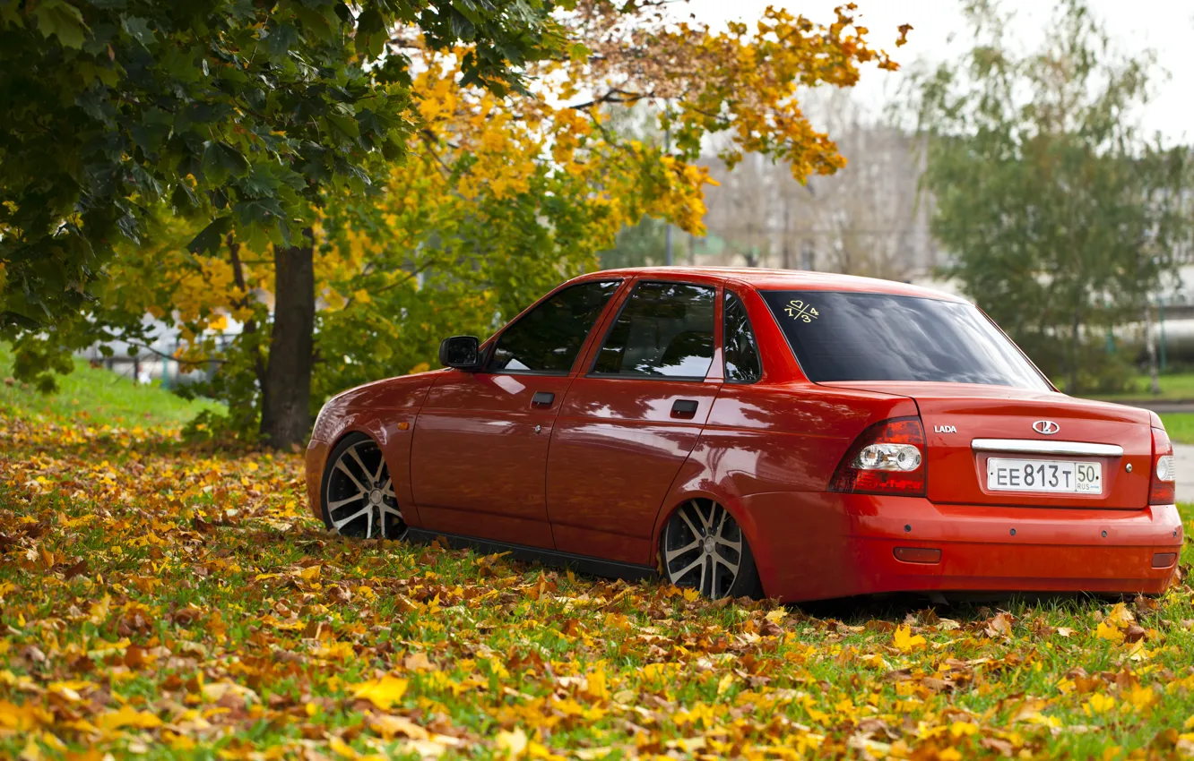 Photo wallpaper road, autumn, leaves, drives, red, prior, priora, Lada 2170