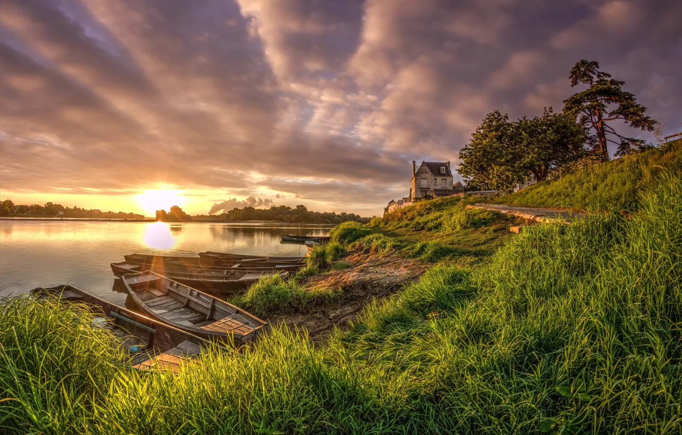 Photo wallpaper summer, the sky, grass, the sun, clouds, trees, house, river