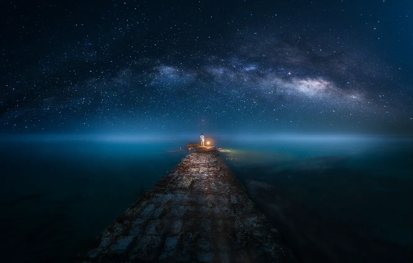 Photo wallpaper sea, the sky, stars, light, night, people, lights, pierce