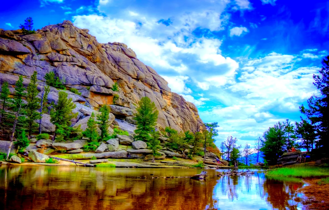 Photo wallpaper the sky, clouds, trees, rock, lake, mountain