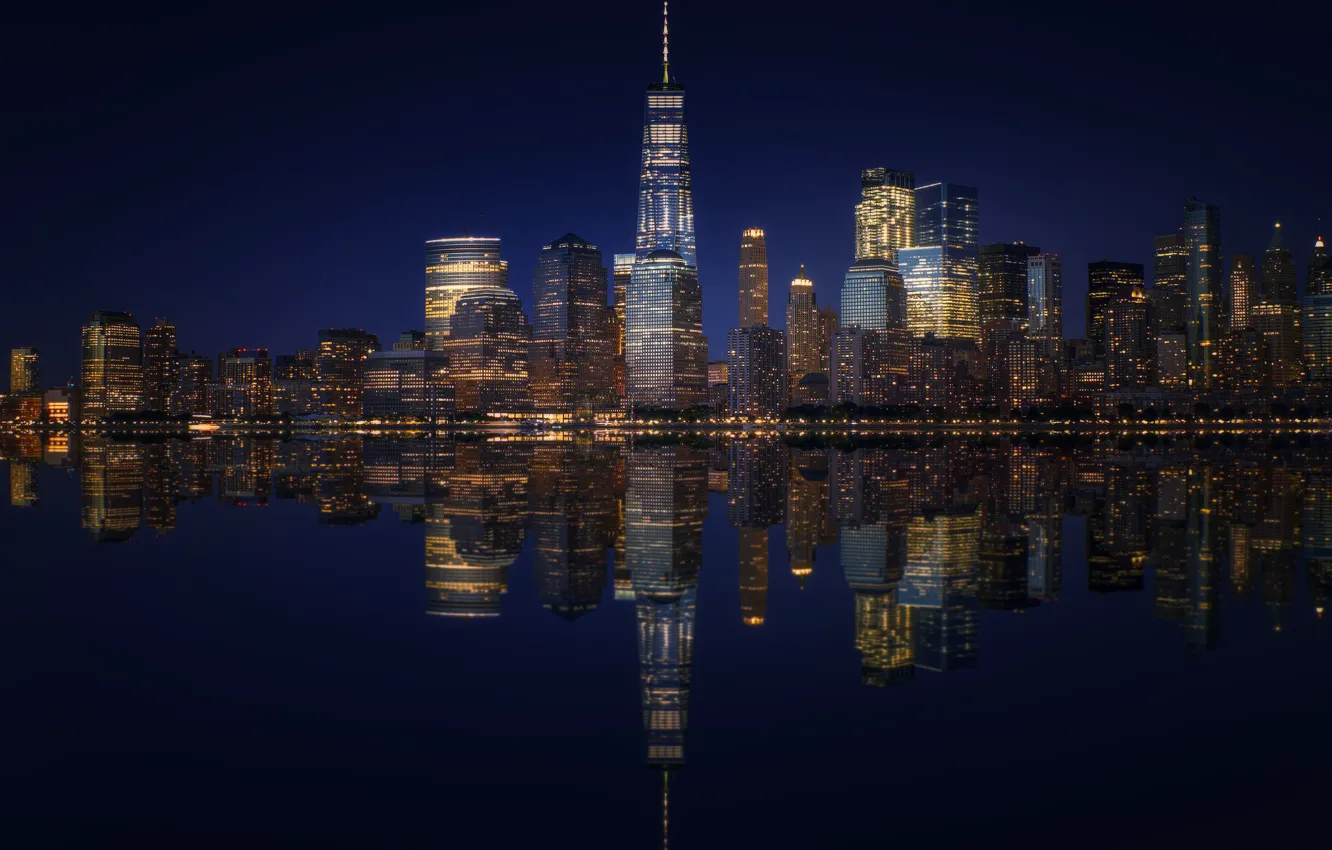 Photo wallpaper light, night, the city, lights, darkness, reflection, shore, building