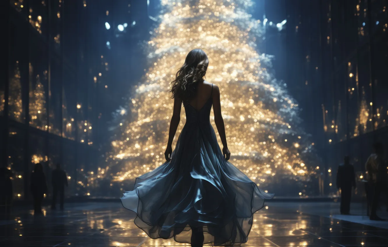 Photo wallpaper girl, night, lights, reflection, dress, silhouette, Christmas, floor