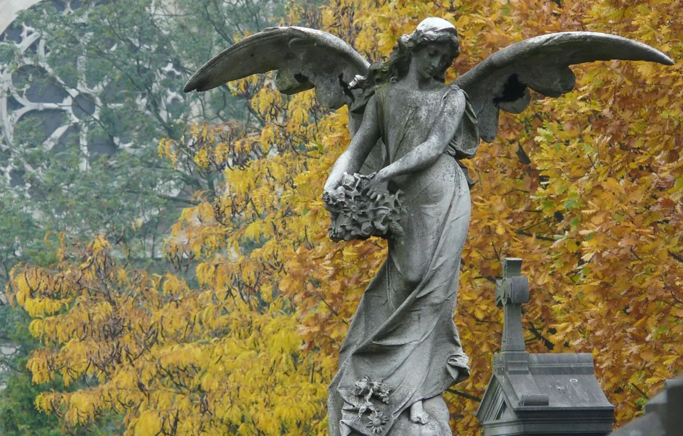 Photo wallpaper autumn, stones, foliage, cross, angel, monument, sculpture
