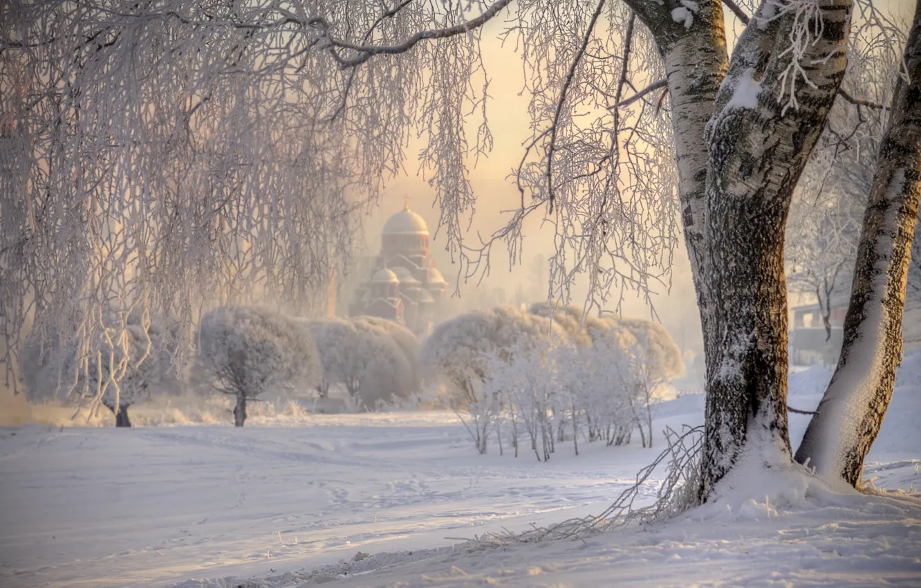 Photo wallpaper winter, frost, snow, trees, nature, Church, Russia