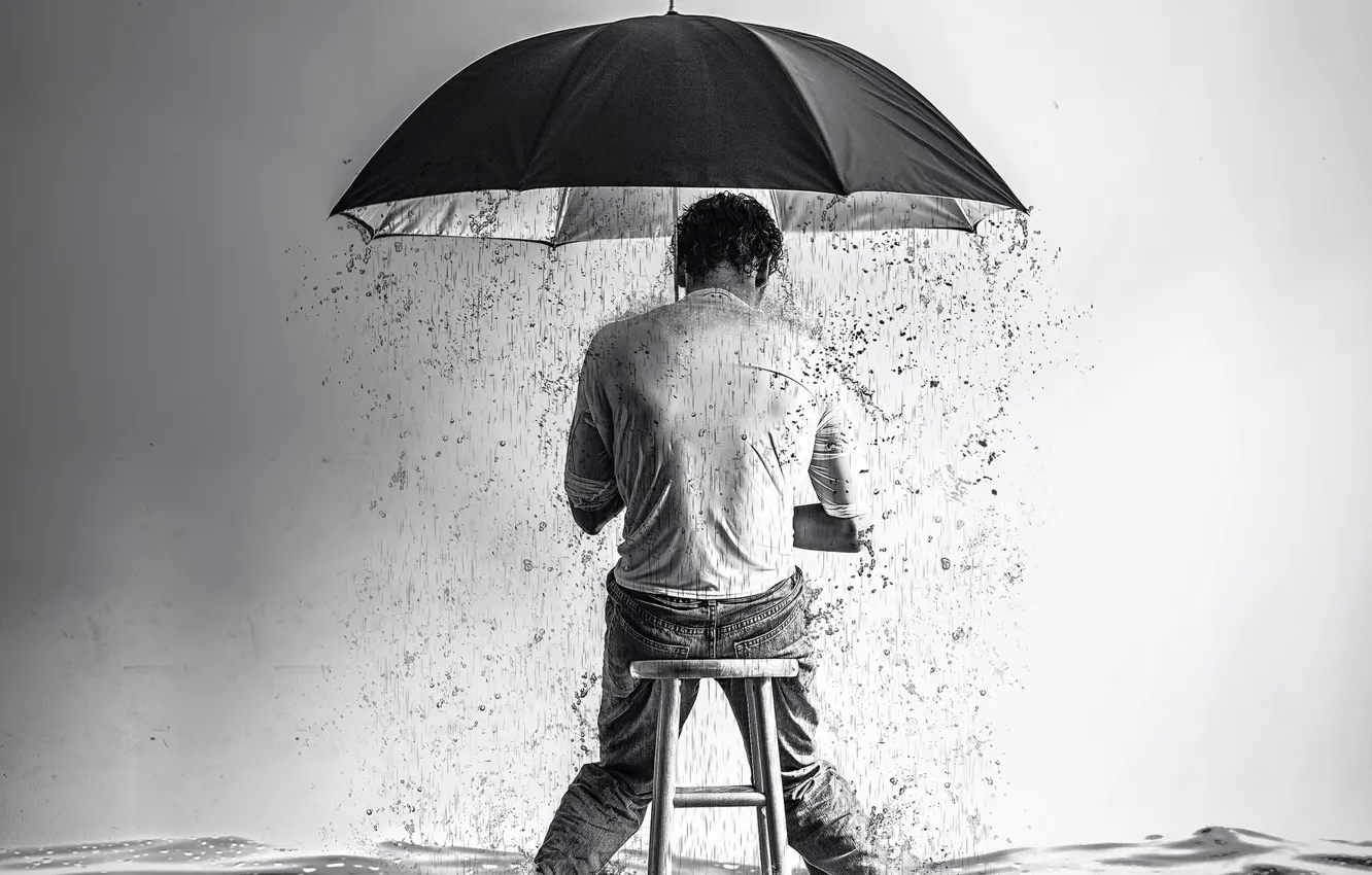 Photo wallpaper rain, boy, surreal, stool