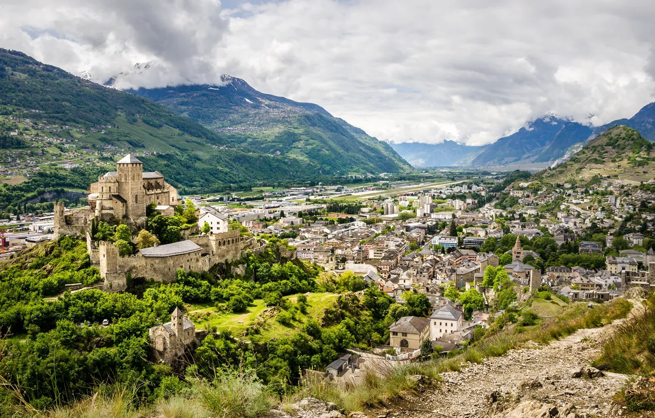Photo wallpaper mountains, the city, Switzerland, Switzerland, Sion, medieval architecture, view from the Chateau de Tourbillon, view …
