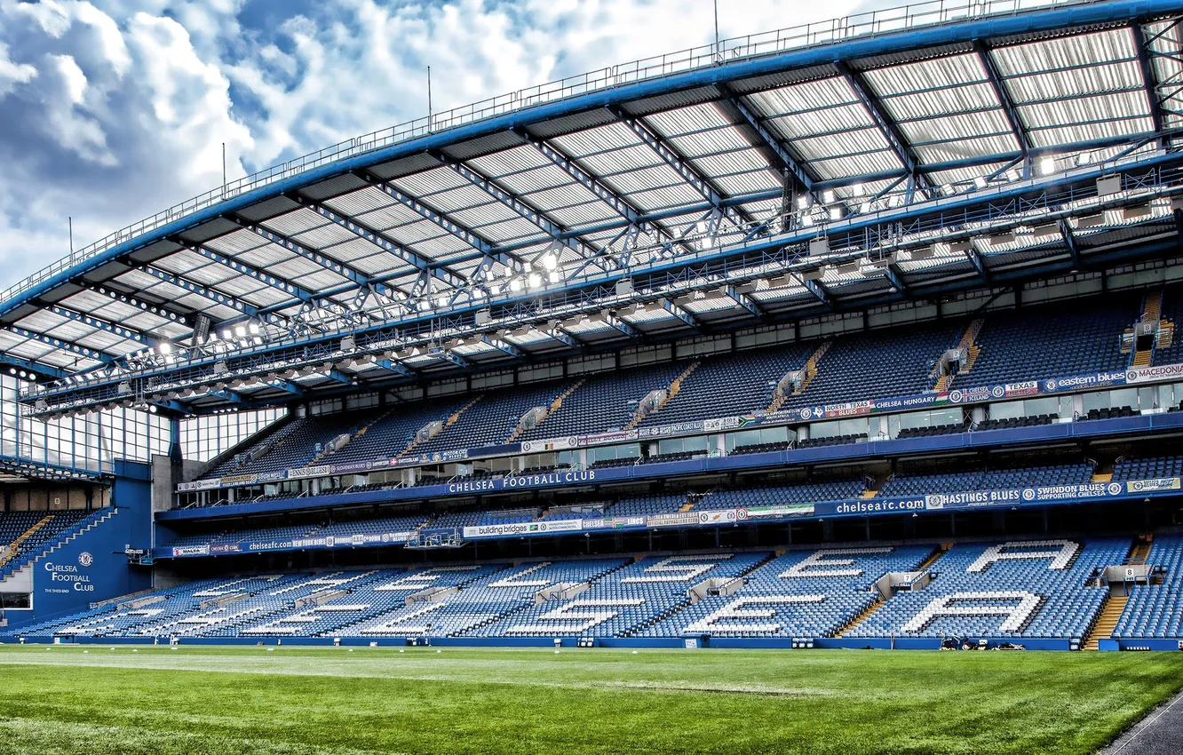 Photo wallpaper the sky, clouds, lawn, football, sport, England, sky, tribune