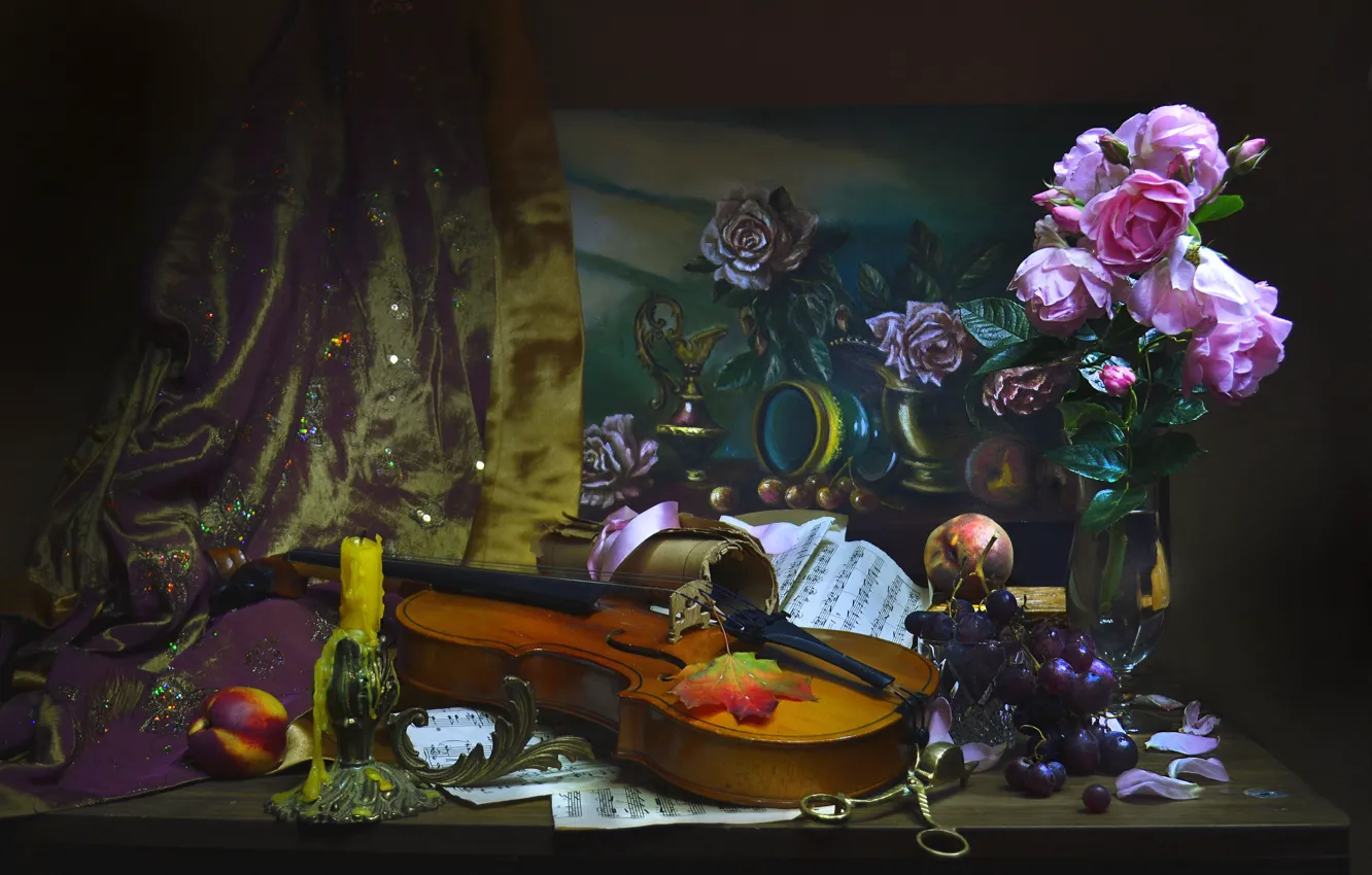 Photo wallpaper flowers, berries, notes, violin, roses, candle, picture, grapes