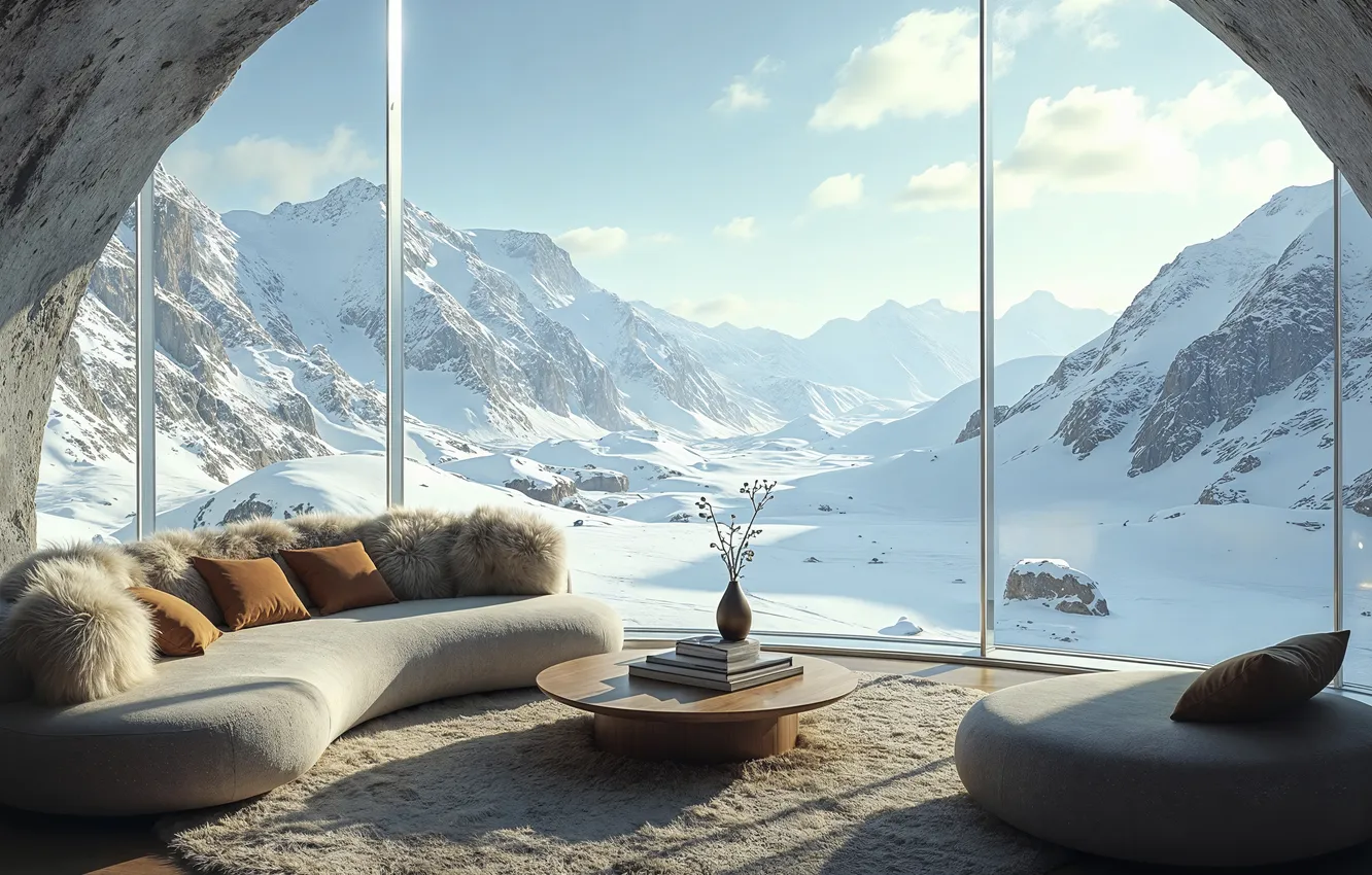 Photo wallpaper winter, snow, landscape, mountains, view, tree, window, nature