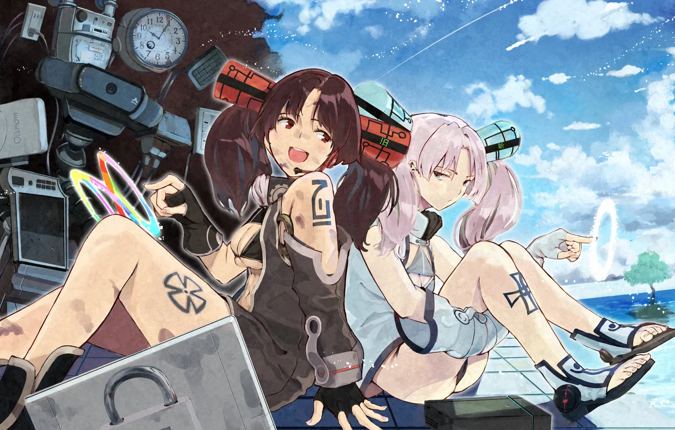 Photo wallpaper the sky, look, energy, girl, clouds, smile, dirt, tattoo