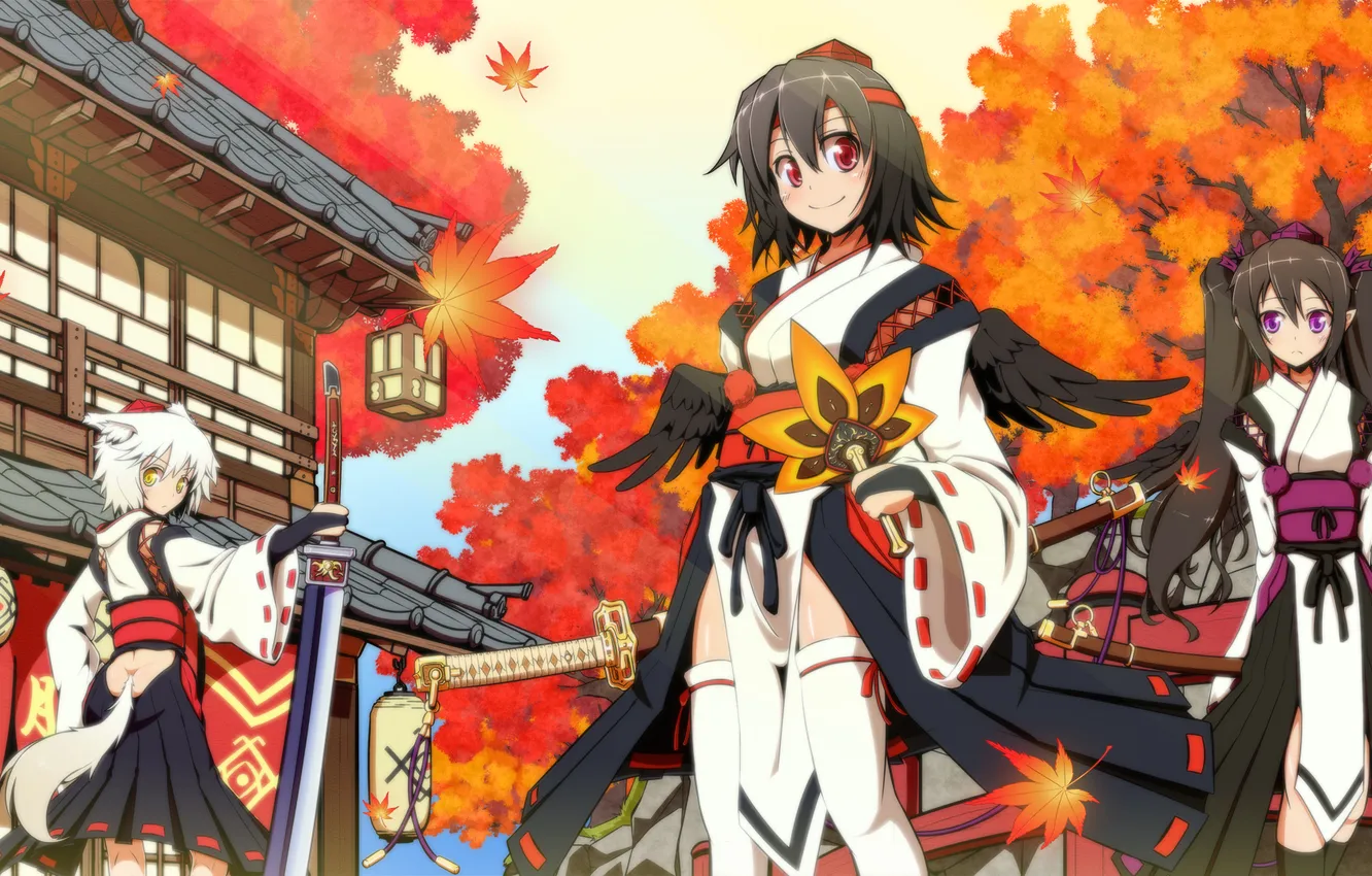 Photo wallpaper autumn, leaves, weapons, costume, girl, tail, neko, three