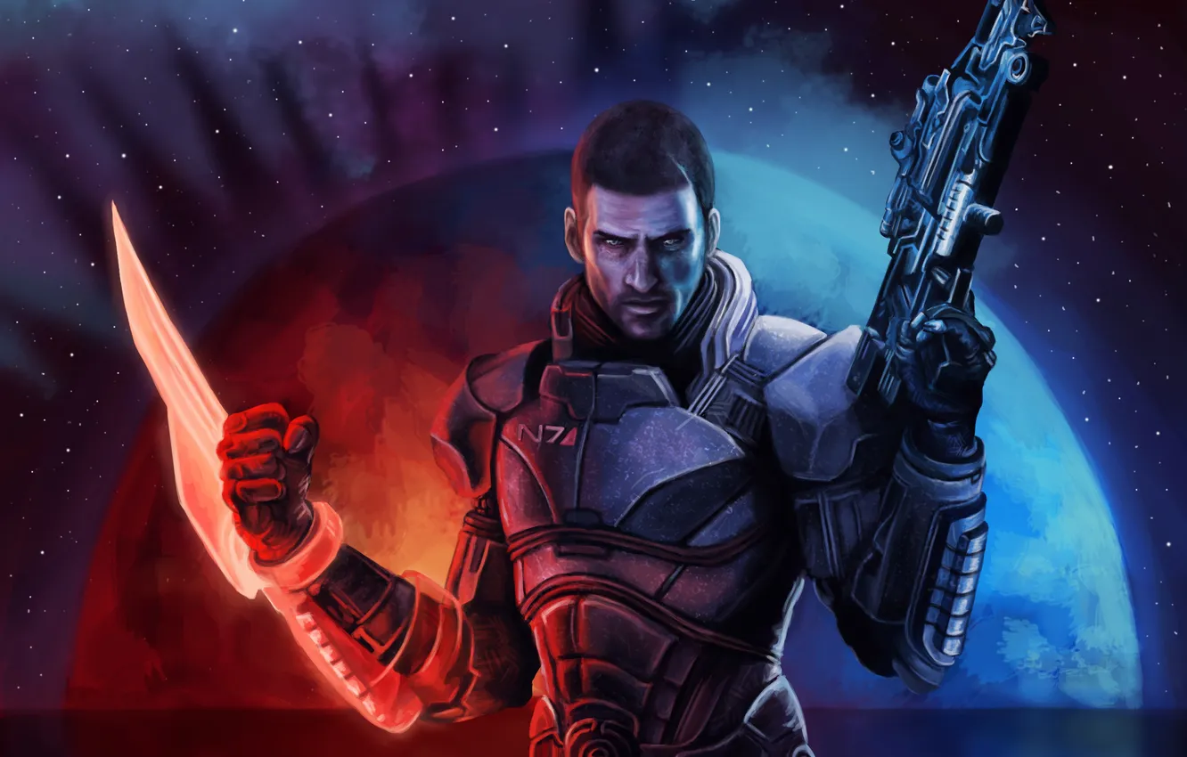 Photo wallpaper look, weapons, the game, art, armor, John Shepard, Mass Effect