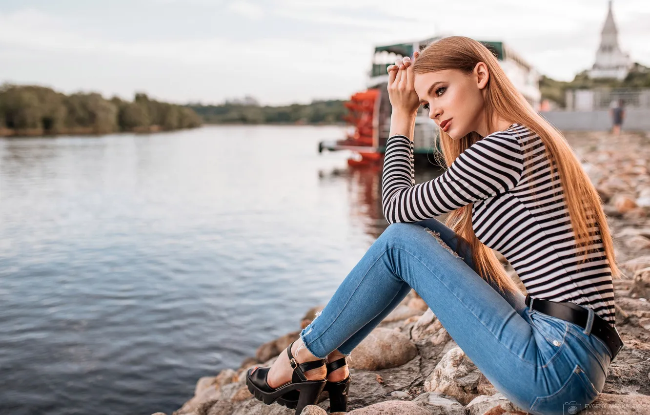 Photo wallpaper river, long hair, blue eyes, jeans, face, blonde, high heels, Riverside