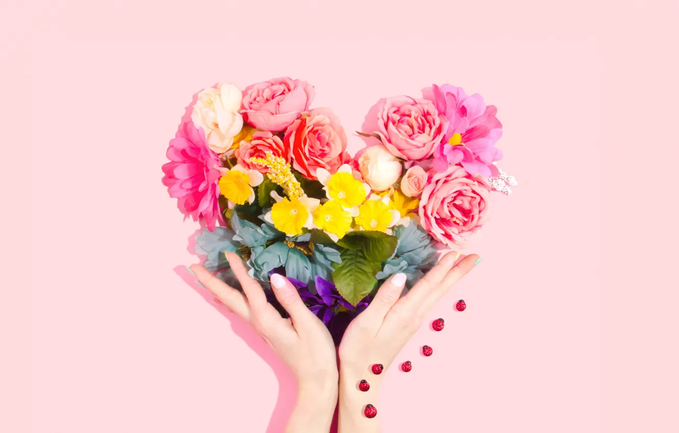 Photo wallpaper heart, bouquet, hands
