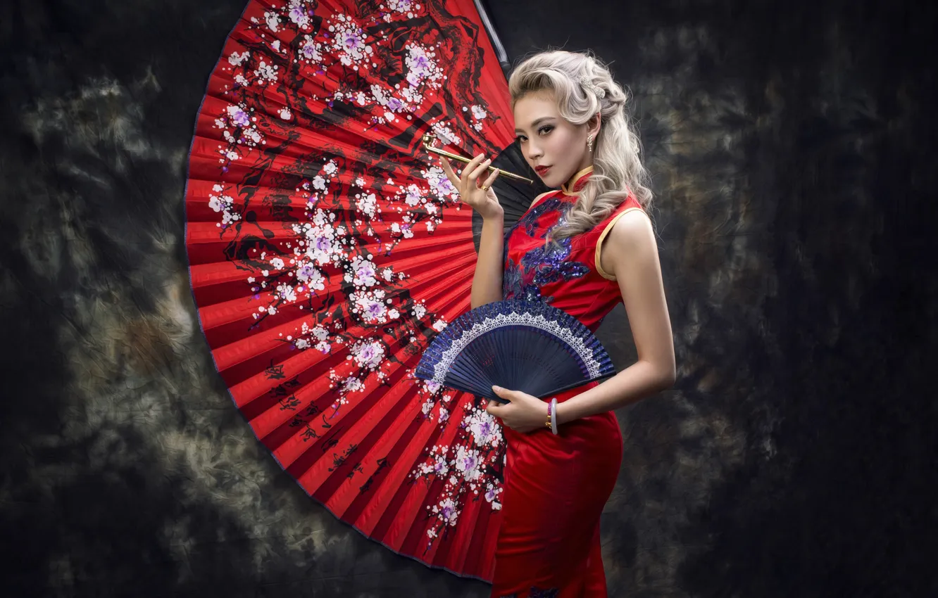 Photo wallpaper girl, style, background, dress, fan, Asian, red dress, Smoking pipe