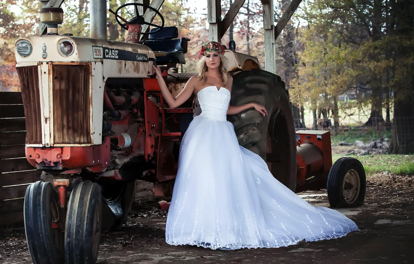 Photo wallpaper girl, pose, tractor