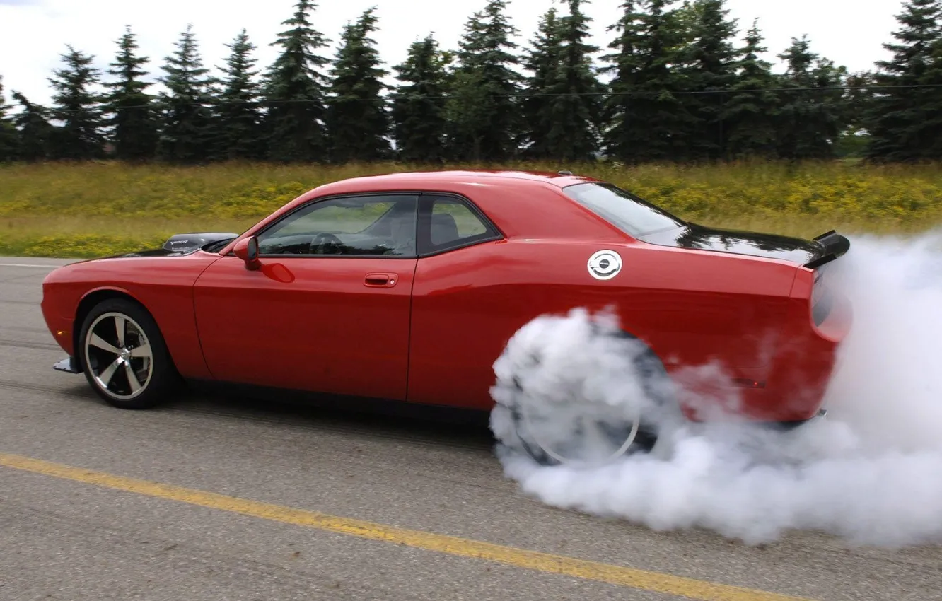 Photo wallpaper asphalt, trees, smoke, dodge challenger