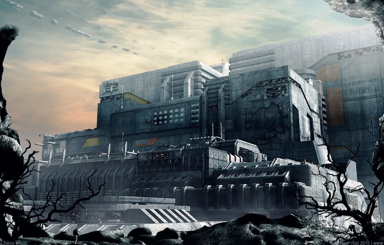 Photo wallpaper the sky, clouds, trees, stones, Fortress, Neo Tokyo V
