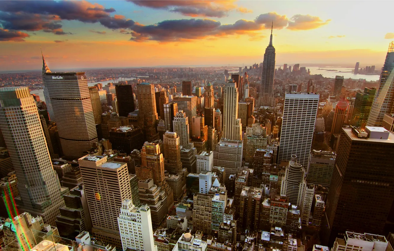Photo wallpaper clouds, sunset, the city, building, new york city
