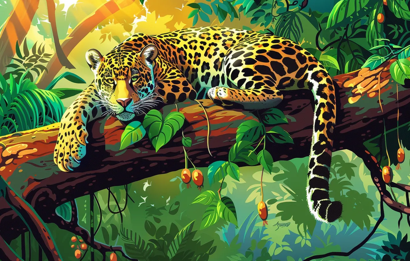 Photo wallpaper leaves, trees, branches, predator, Jaguar, big cat, digital art, imitation painting