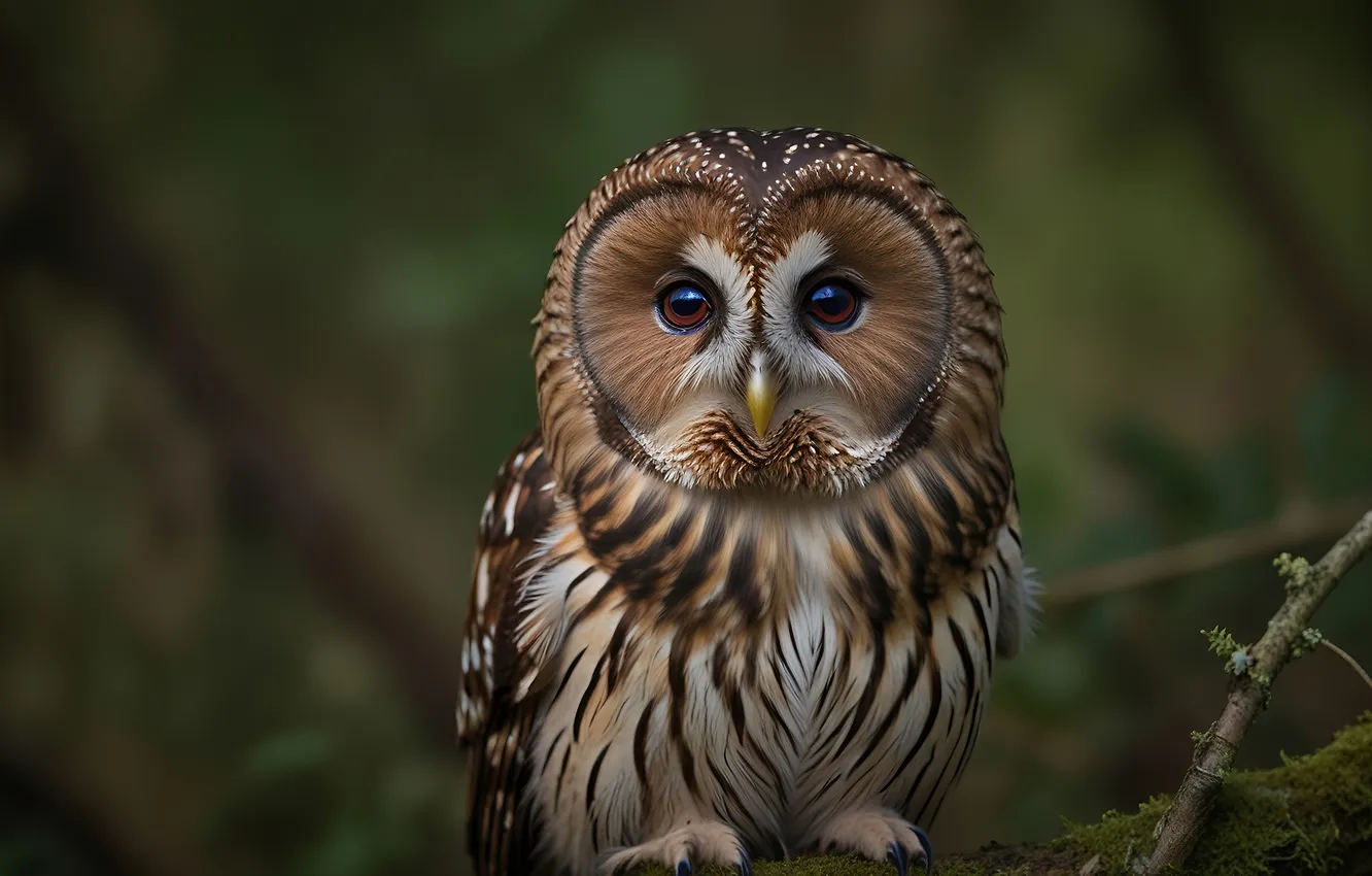 Photo wallpaper look, branches, nature, owl, bird, portrait, owl, AI art