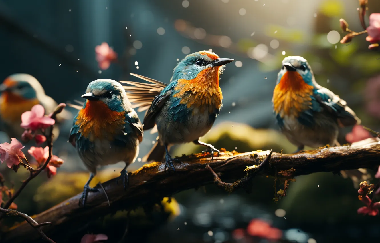 Photo wallpaper birds, flock, bright plumage, birds, AI art, neural network