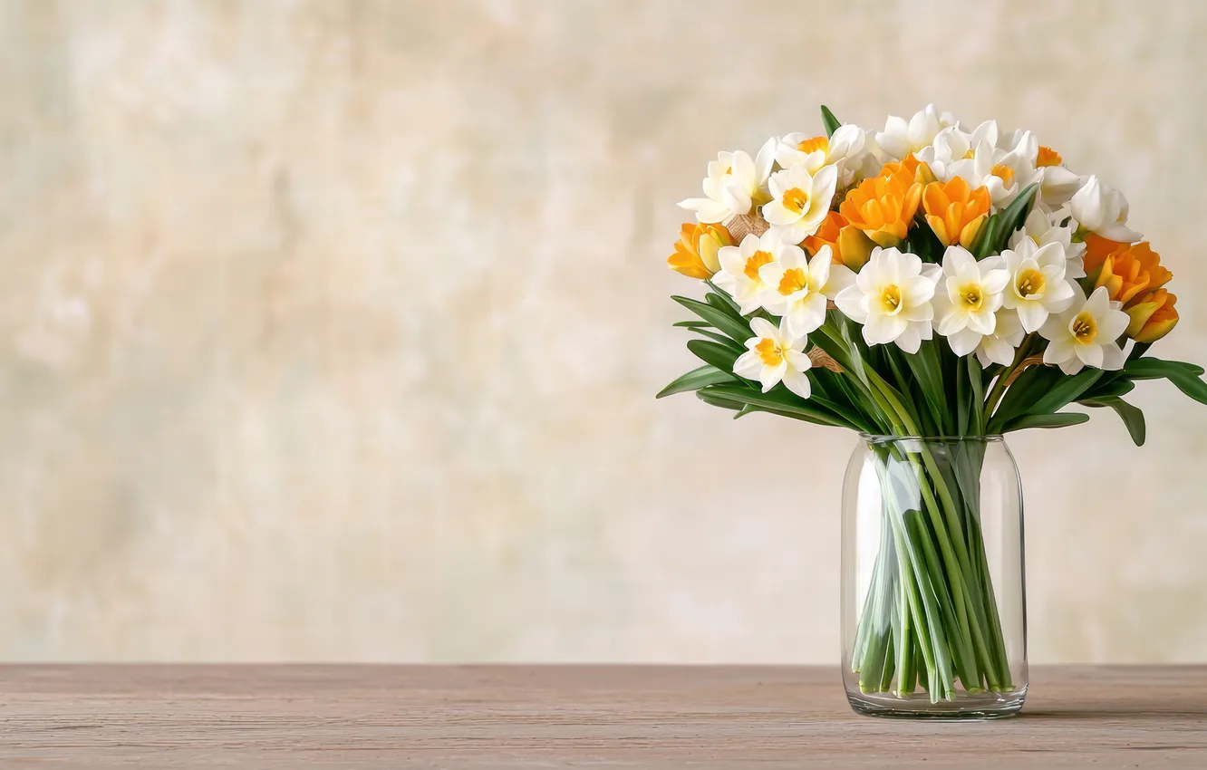 Photo wallpaper flowers, orange, bouquet, spring, Bank, tulips, vase, white