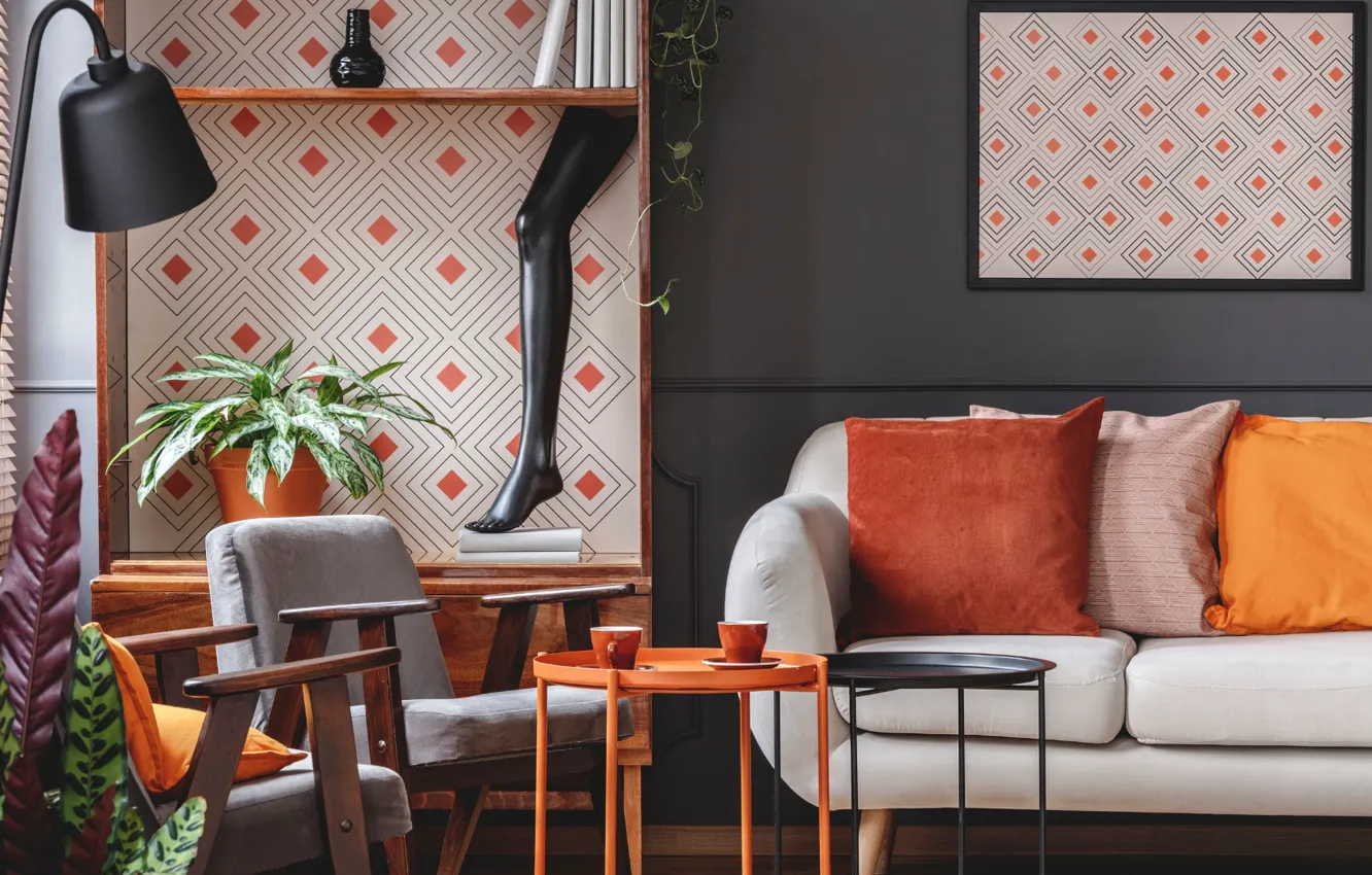 Photo wallpaper design, style, plant, interior, chair, sofa, living room, dark wall