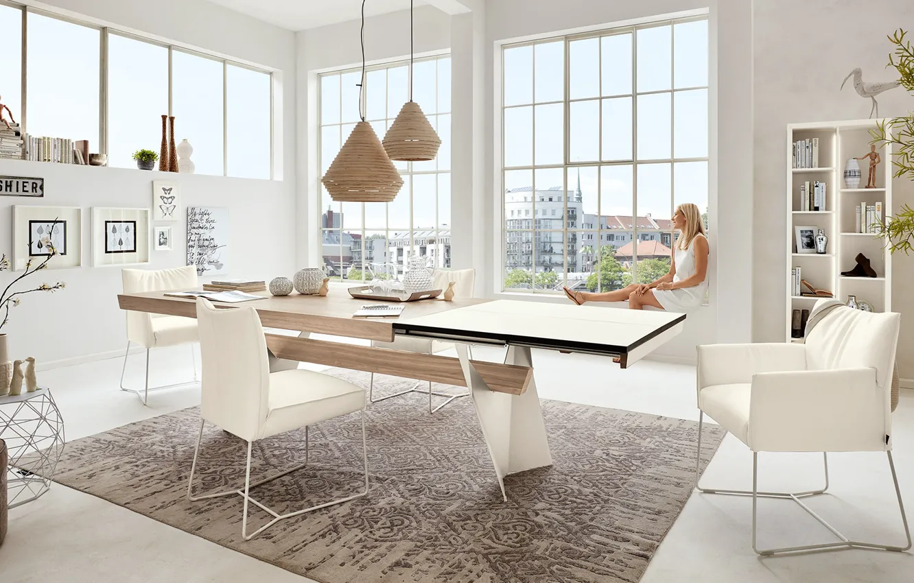 Photo wallpaper design, style, interior, dining room, large Windows, spacious room, stylish furniture