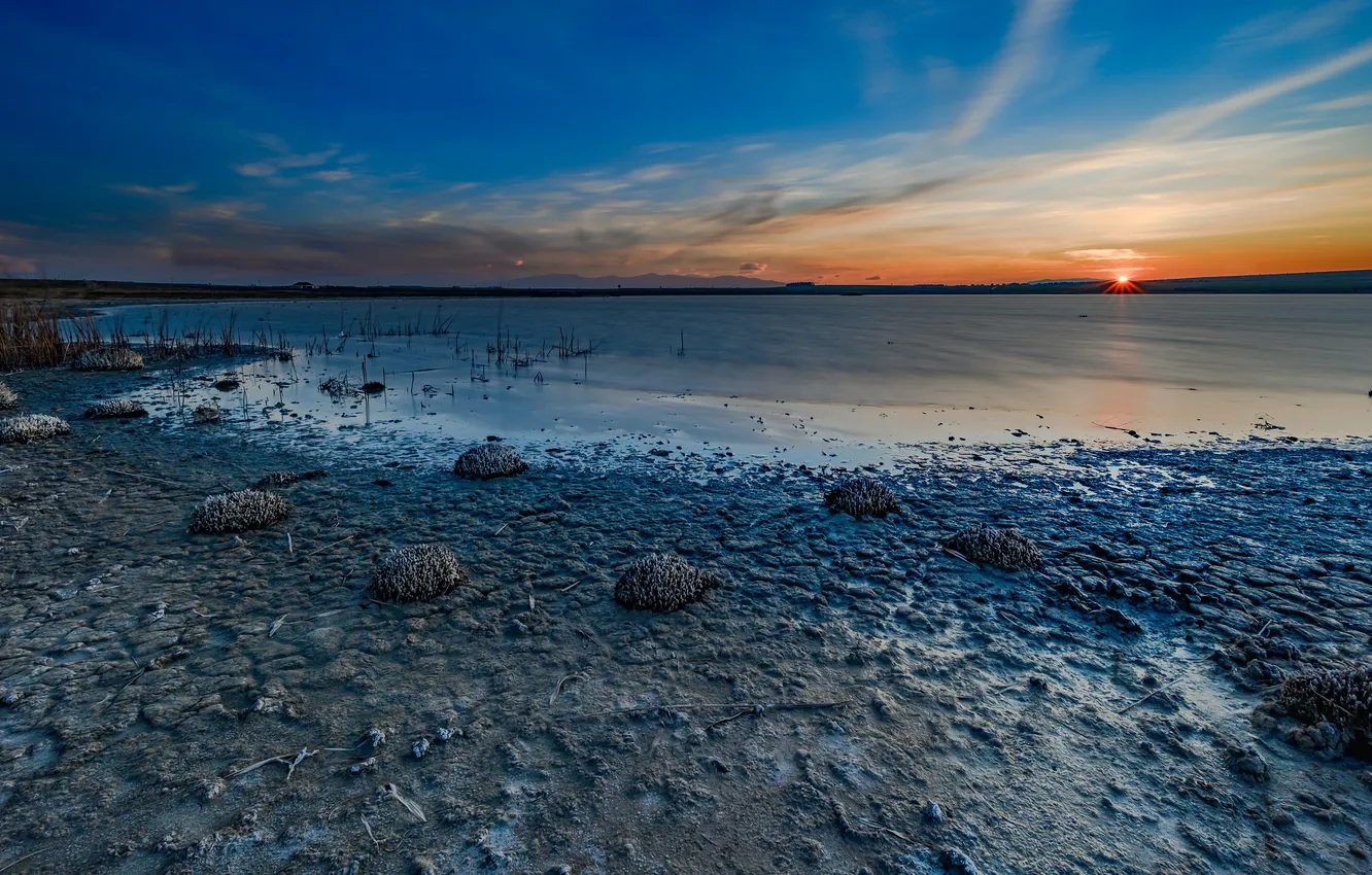 Photo wallpaper sunset, blue, stones, shore, horizon, pond