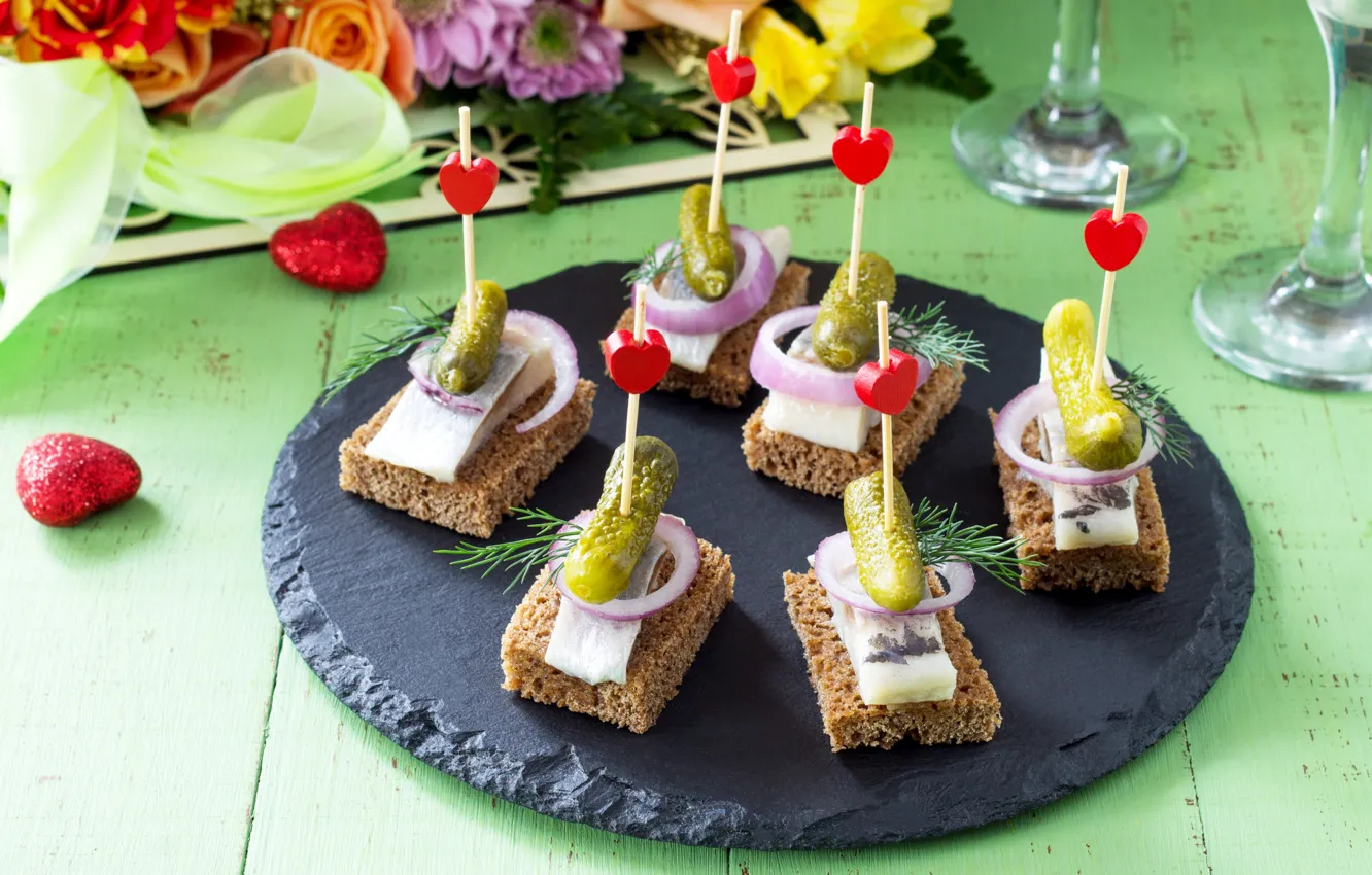 Photo wallpaper bread, cucumbers, appetizer, canapés, herring