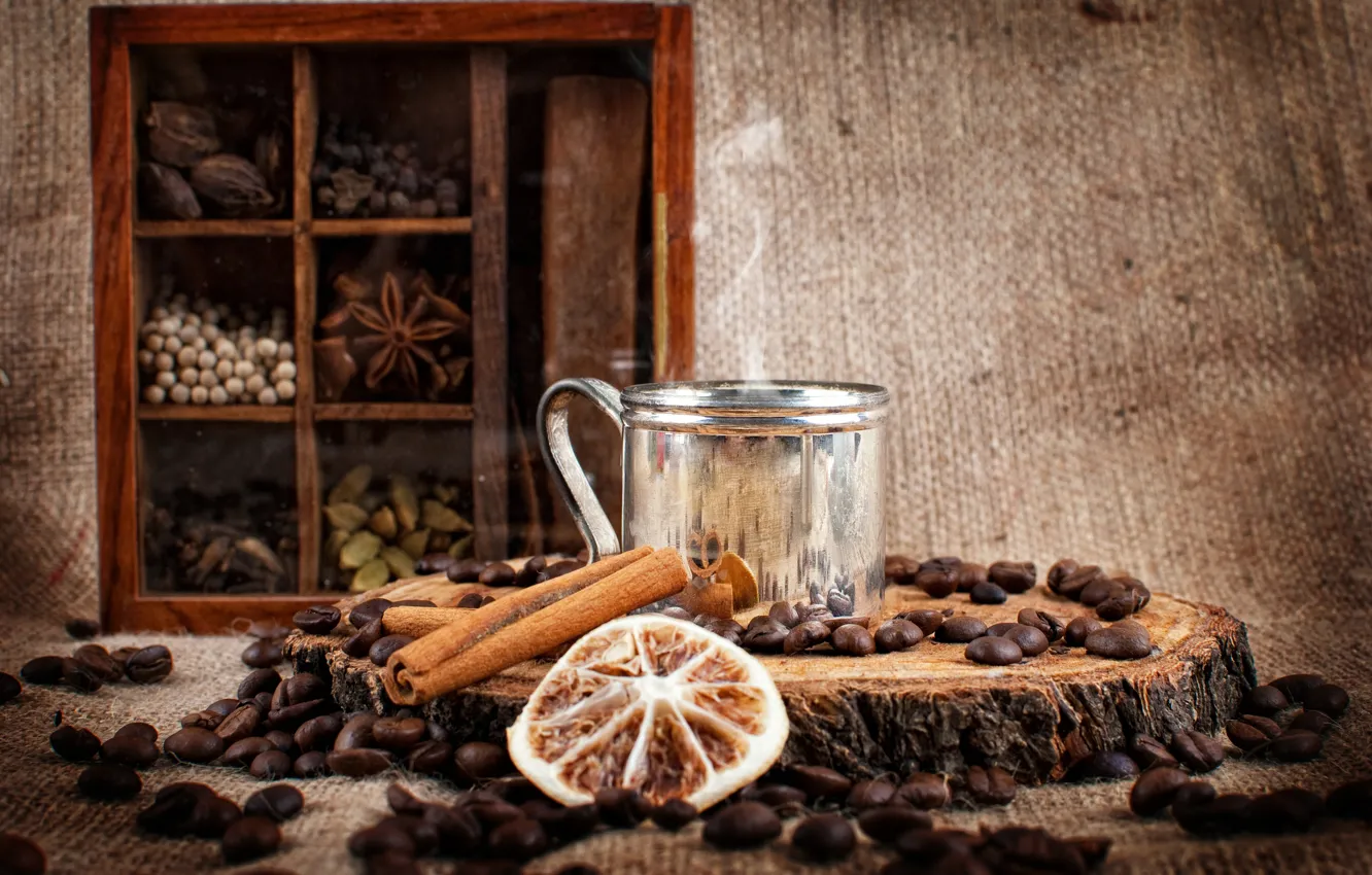 Photo wallpaper coffee, grain, sticks, drink, cinnamon, locker, spices