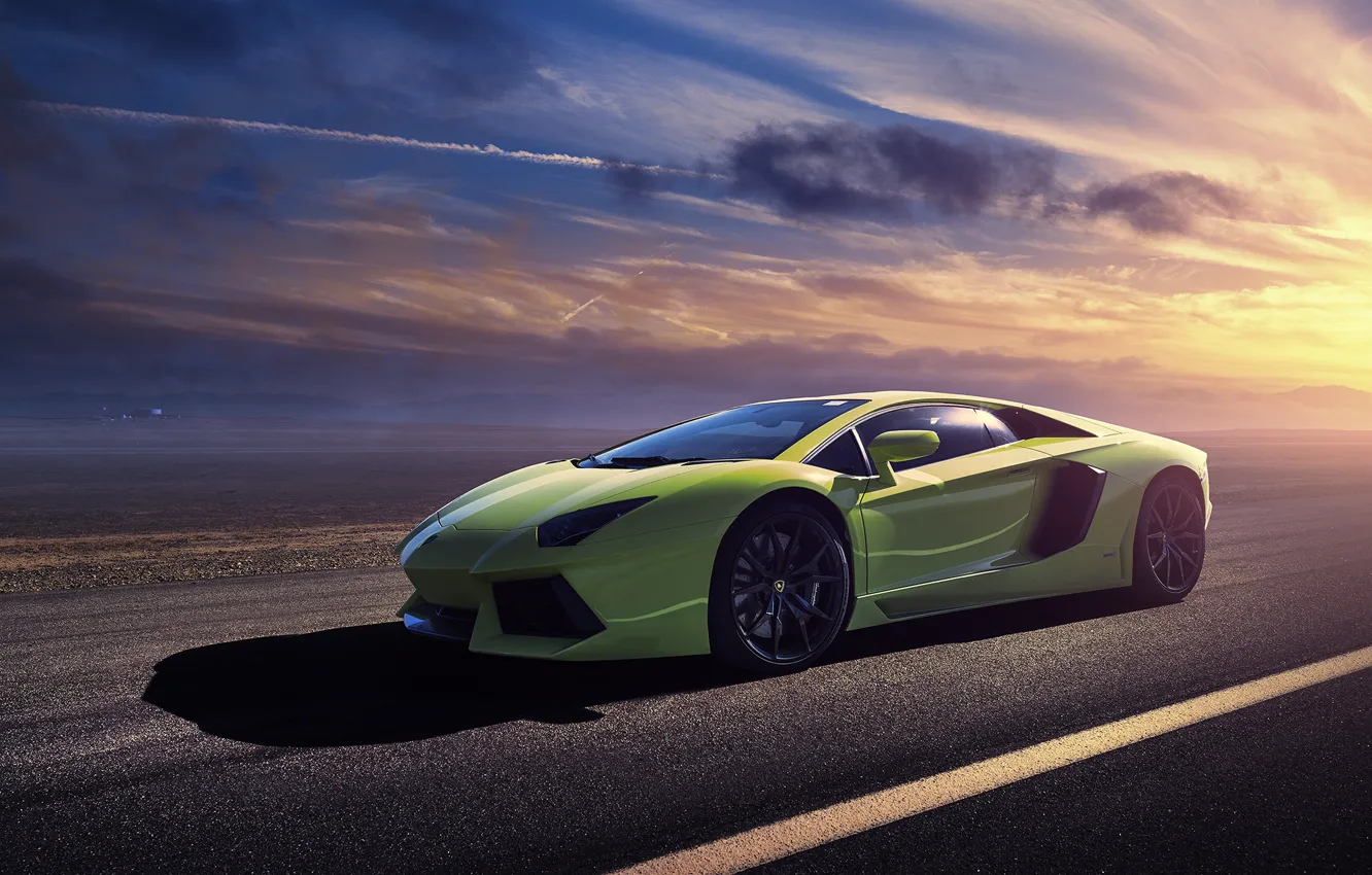 Photo wallpaper green, Lamborghini, Lamborghini, green, sun, LP700-4, Aventador, aventador
