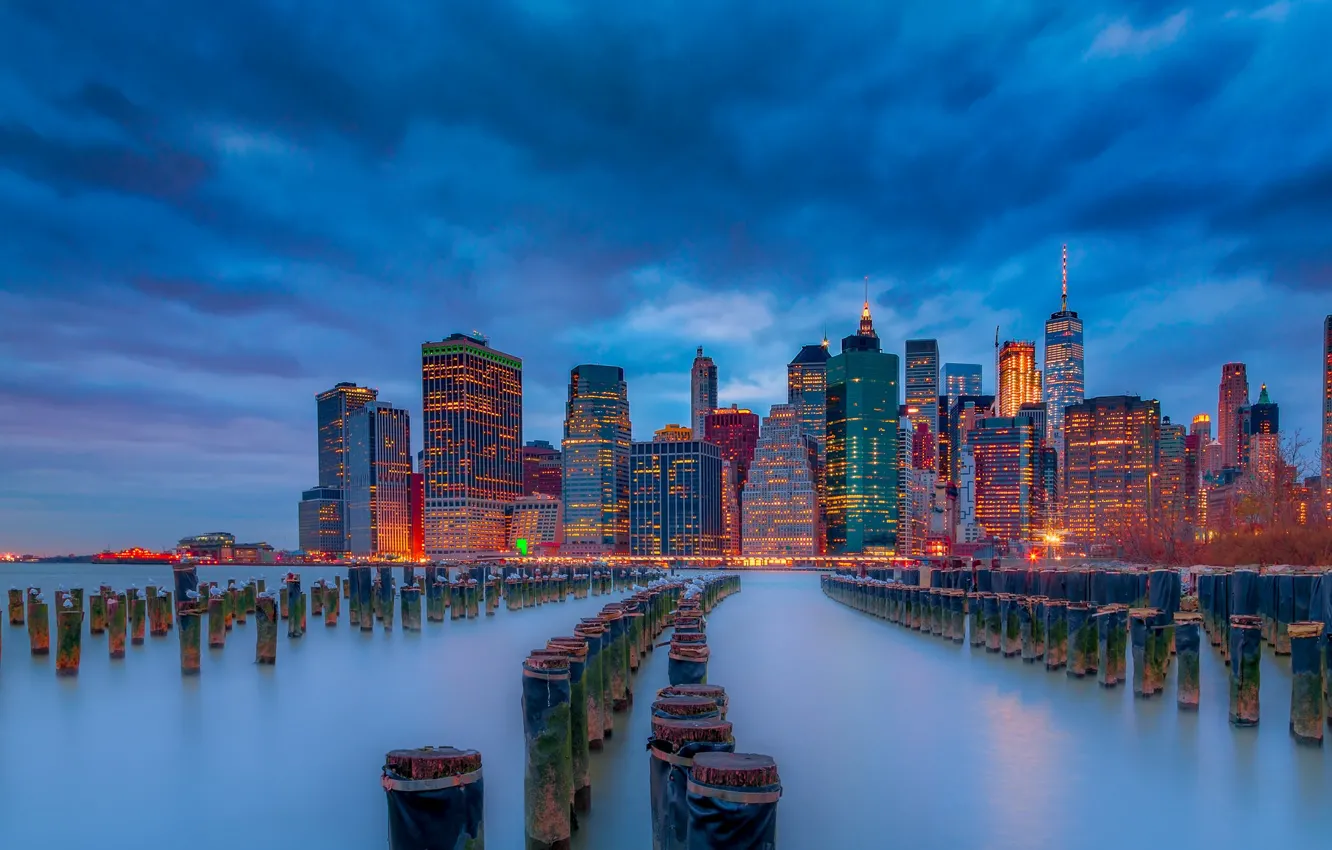 Photo wallpaper river, building, New York, night city, Manhattan, skyscrapers, Manhattan, New York City