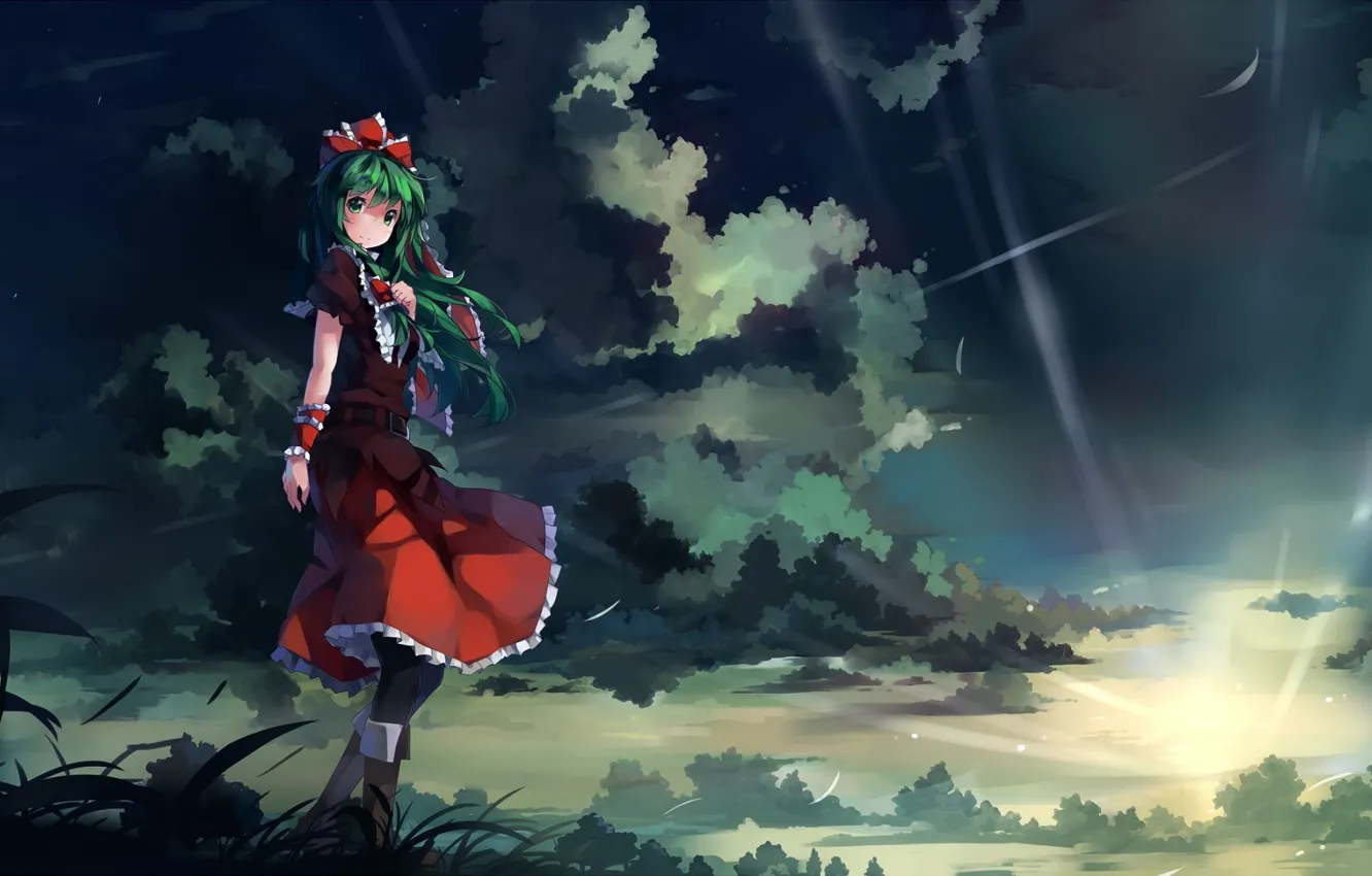 Photo wallpaper grass, light, clouds, the wind, red dress, green hair, the rays of the sun, touhou