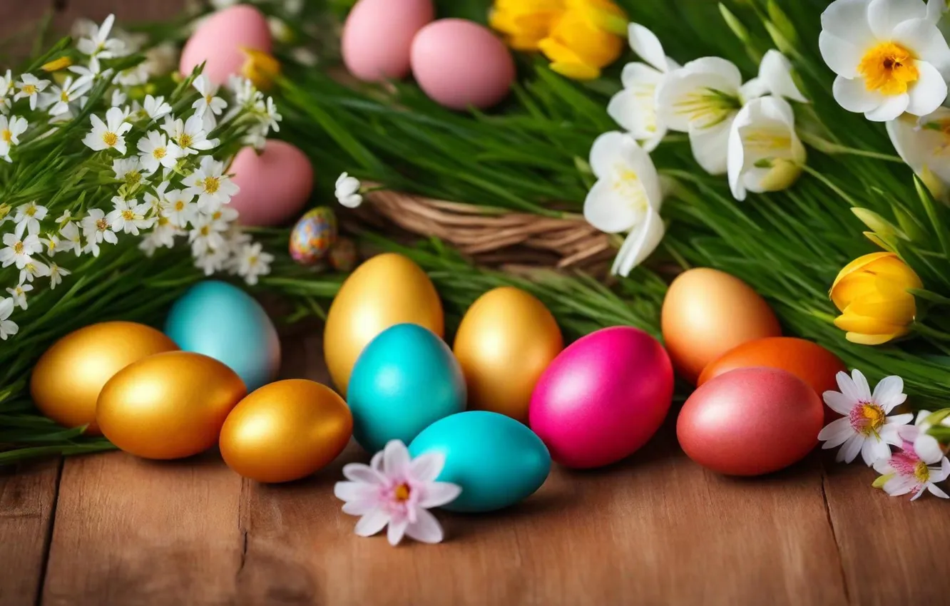 Photo wallpaper flowers, eggs, spring, colorful, Easter, flowers, spring, Easter