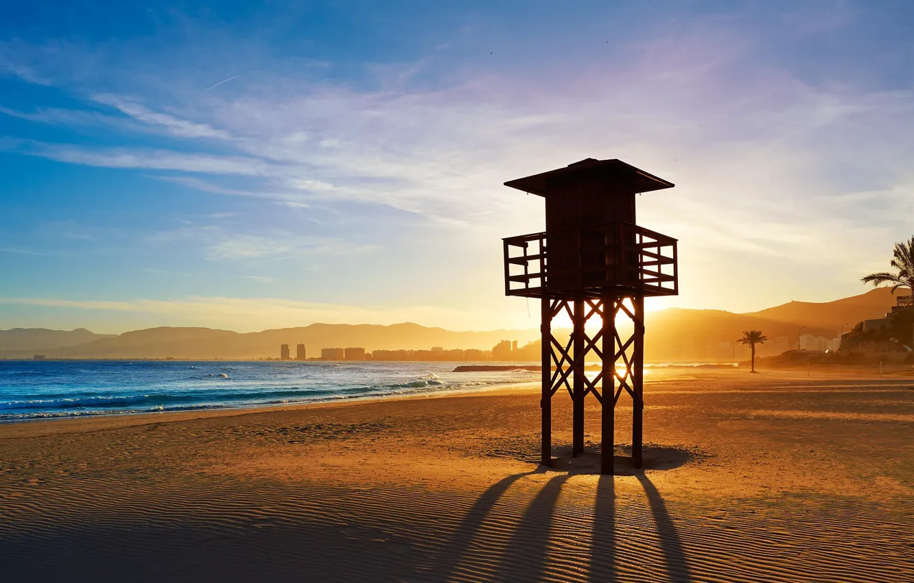 Photo wallpaper sky, trees, sea, landscape, nature, sunset, mountains, clouds