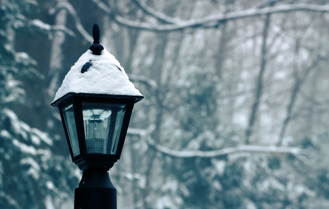 Photo wallpaper winter, light bulb, snow, lantern