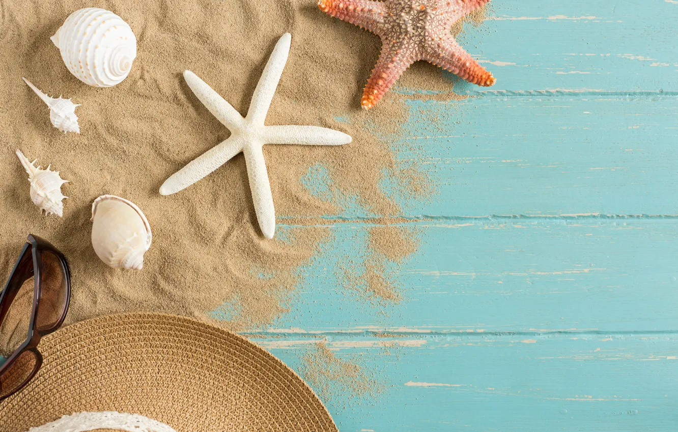 Photo wallpaper sand, beach, summer, stay, star, hat, shell, summer