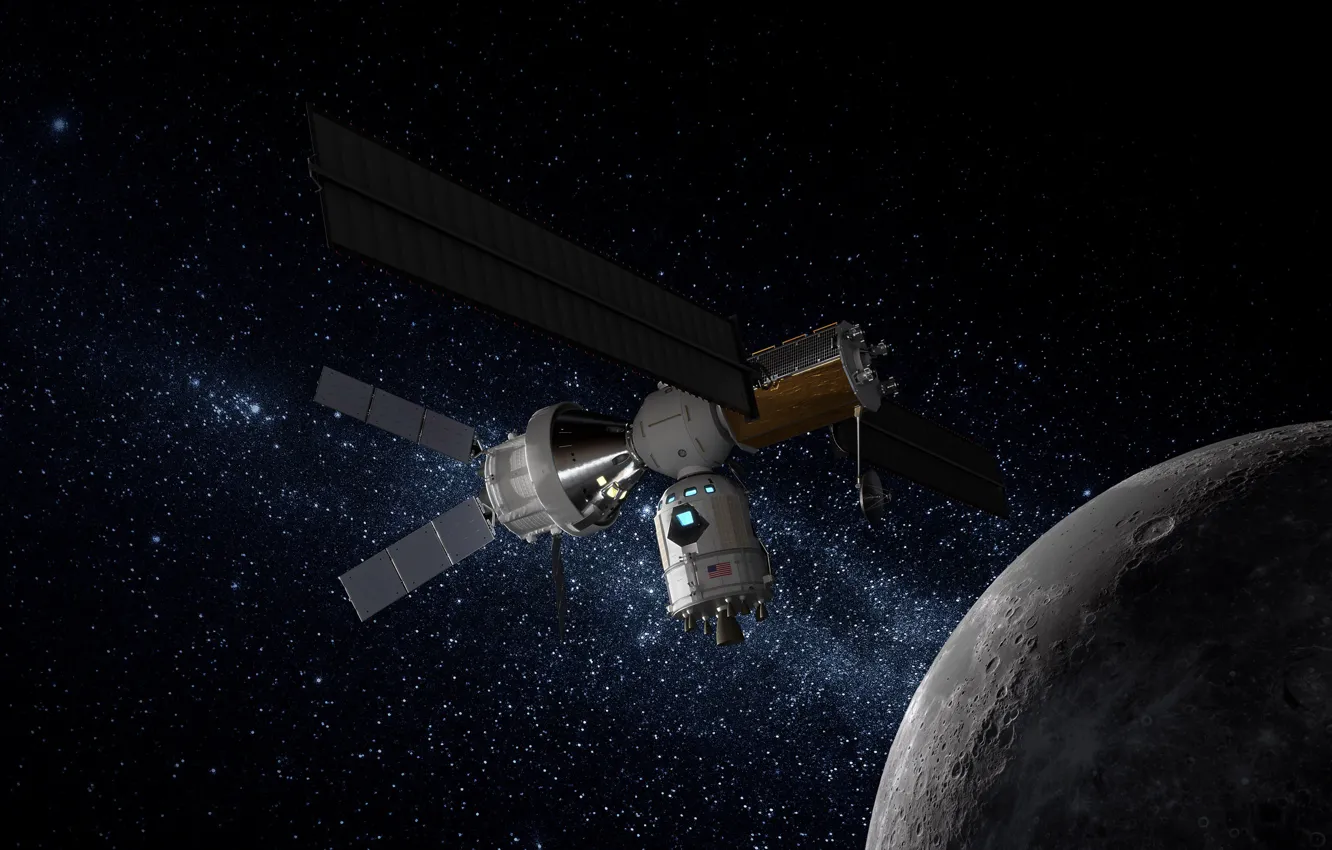 Photo wallpaper space, stars, the moon, satellite