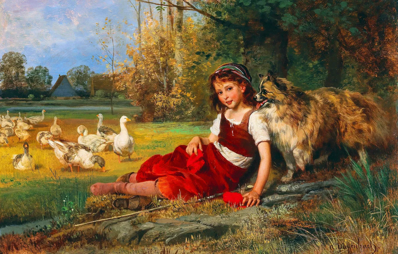 Photo wallpaper trees, dog, girl, geese, German artist, A young girl is resting with geese, Anton Heinrich …
