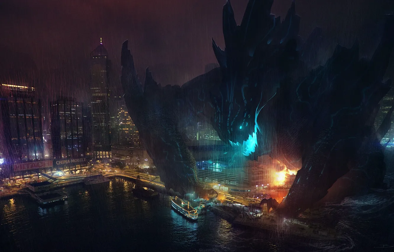 Photo wallpaper night, the city, ship, monster, art, port, destruction, Pacific Rim