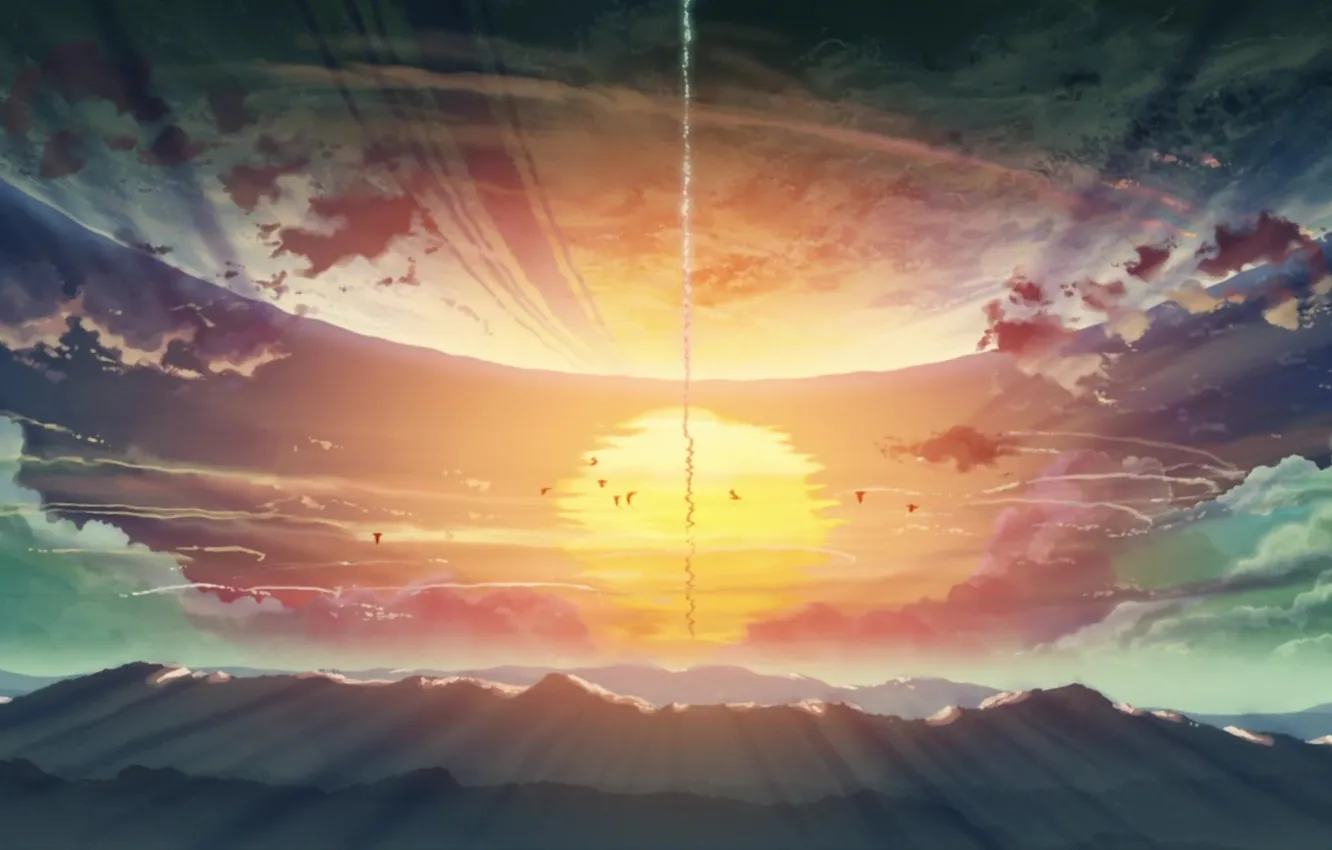 Photo wallpaper the sun, clouds, sunset, mountains, nature, bird, planet, anime