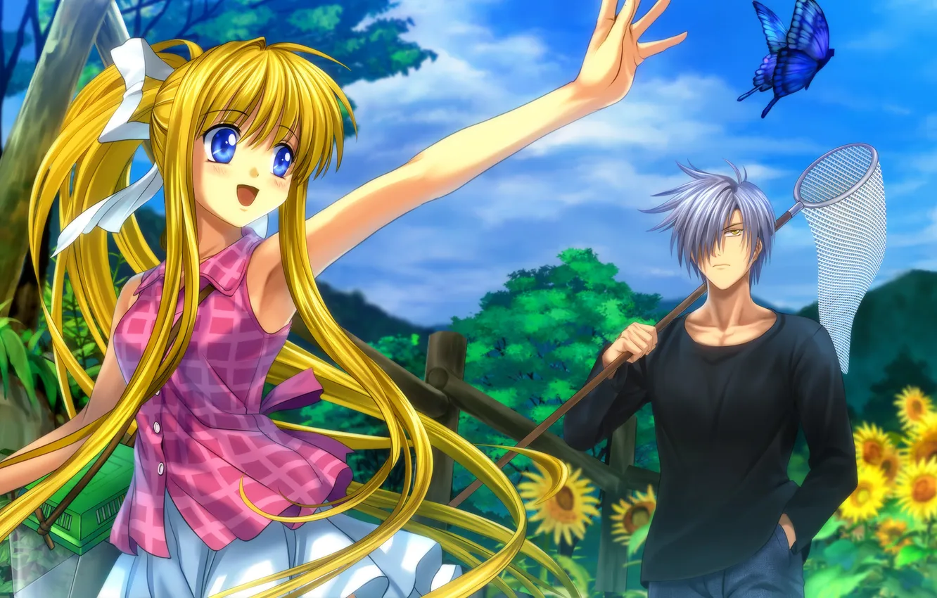 Photo wallpaper girl, joy, sunflowers, nature, butterfly, anime, art, the net