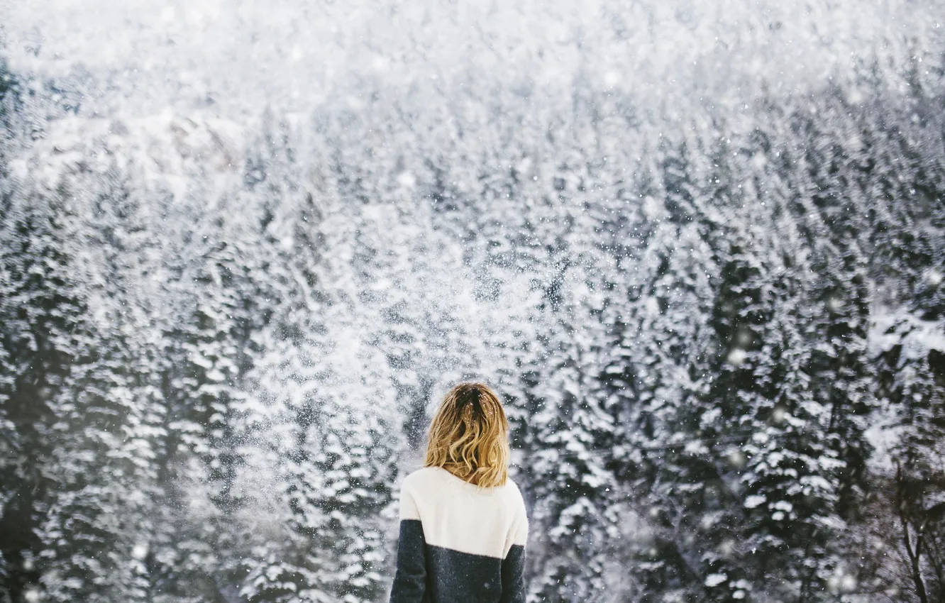 Photo wallpaper girl, snow, trees