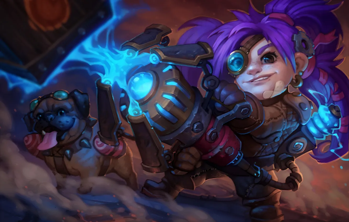Photo wallpaper girl, weapons, mechanism, dog, art, dwarf, ponytail, Hearthstone