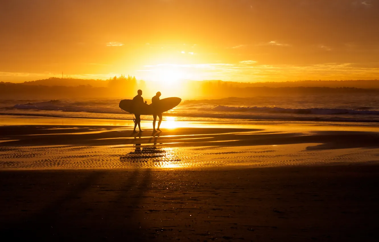 Photo wallpaper sunset, Australia, surfers, Byron Bay beach